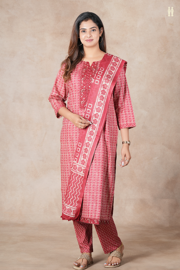 Split Neck Printed Design Red And Cream Cotton Salwar Set