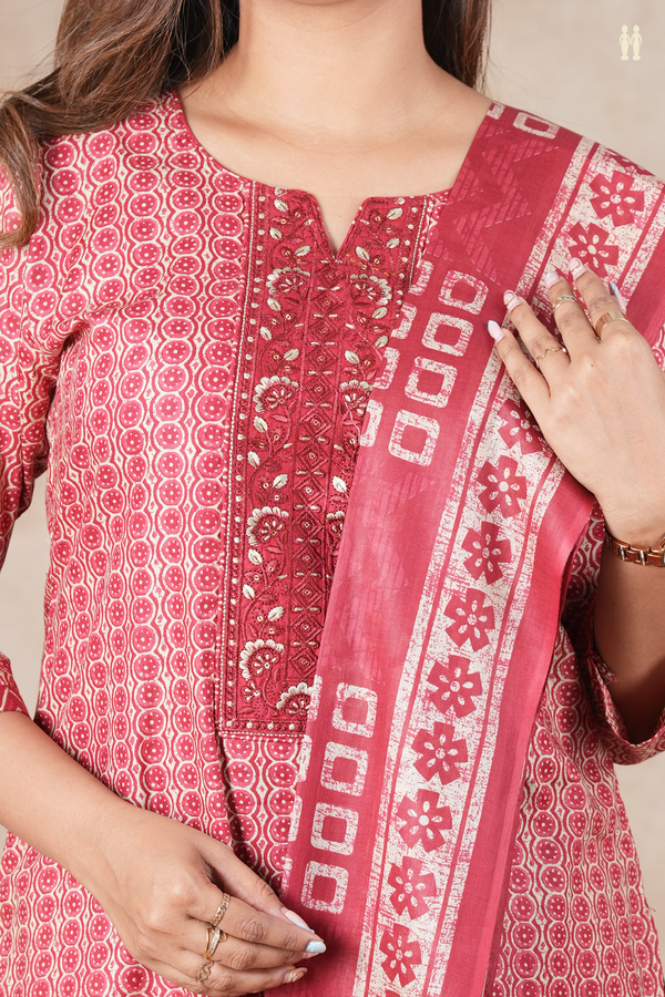 Split Neck Printed Design Red And Cream Cotton Salwar Set