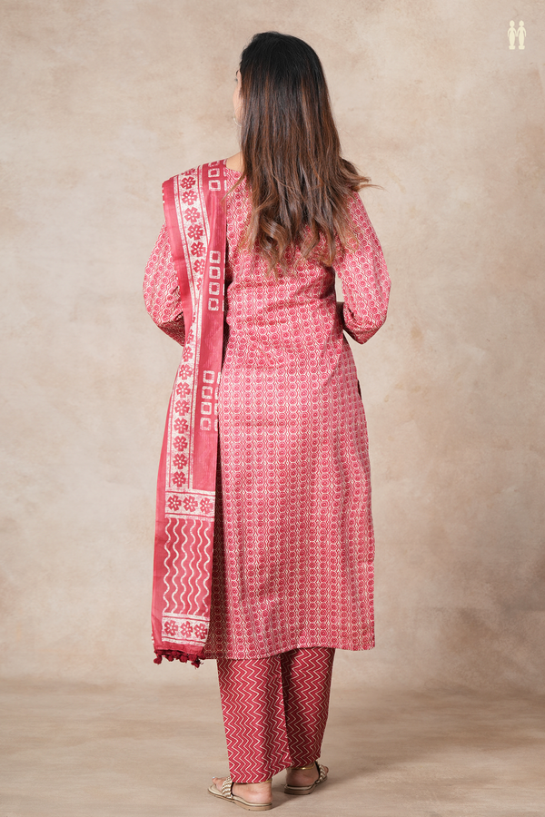 Split Neck Printed Design Red And Cream Cotton Salwar Set