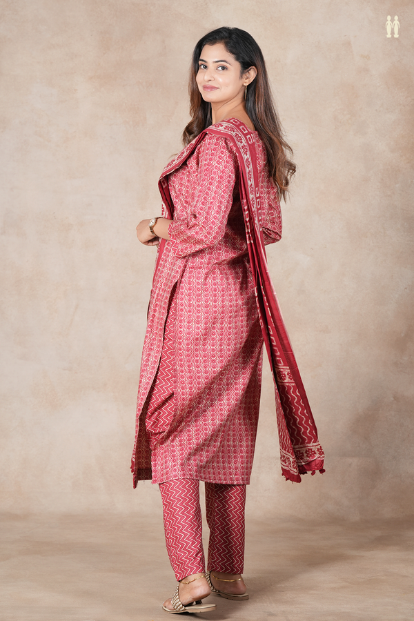 Split Neck Printed Design Red And Cream Cotton Salwar Set