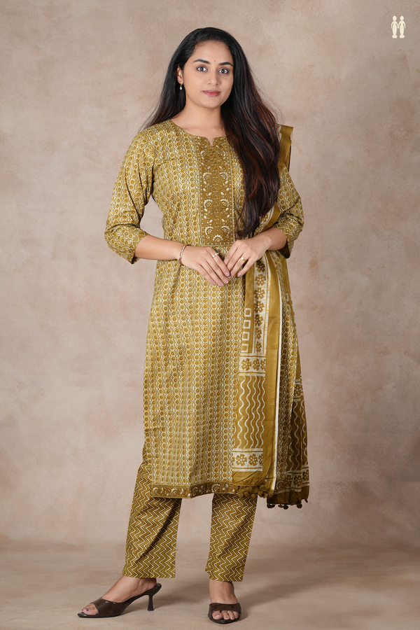 Split Neck Printed Design Greenish Brown Cotton Salwar Set