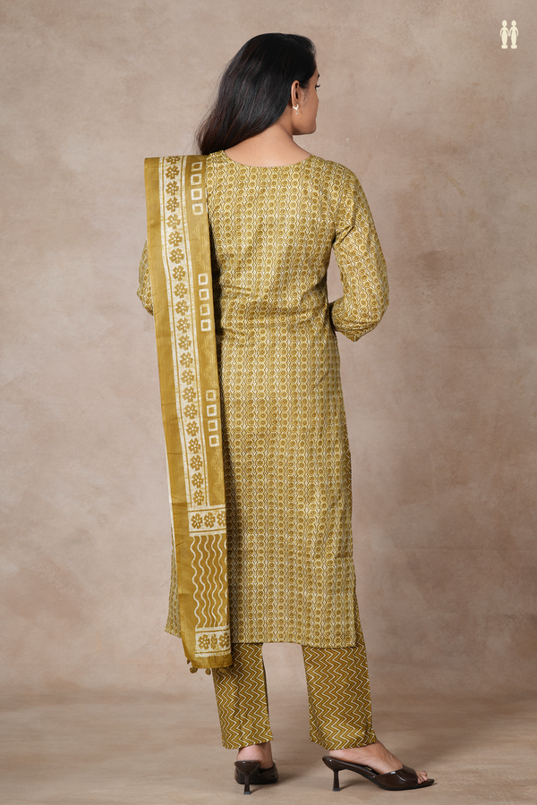 Split Neck Printed Design Greenish Brown Cotton Salwar Set
