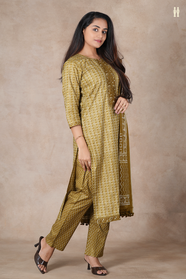 Split Neck Printed Design Greenish Brown Cotton Salwar Set