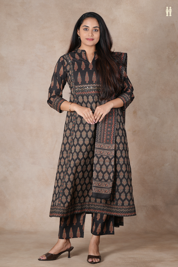 Mandarin Neck Printed Design Black Cotton Salwar Set