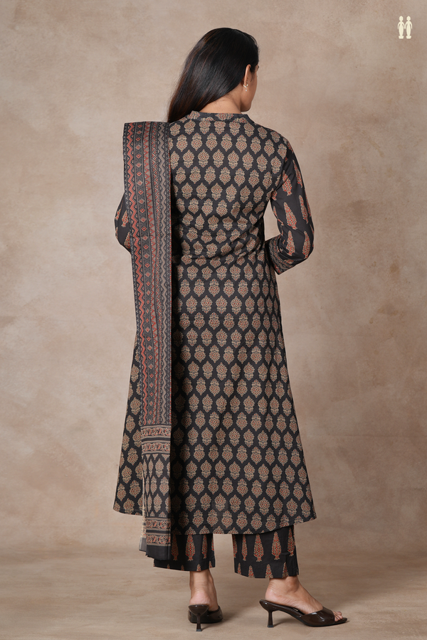 Mandarin Neck Printed Design Black Cotton Salwar Set