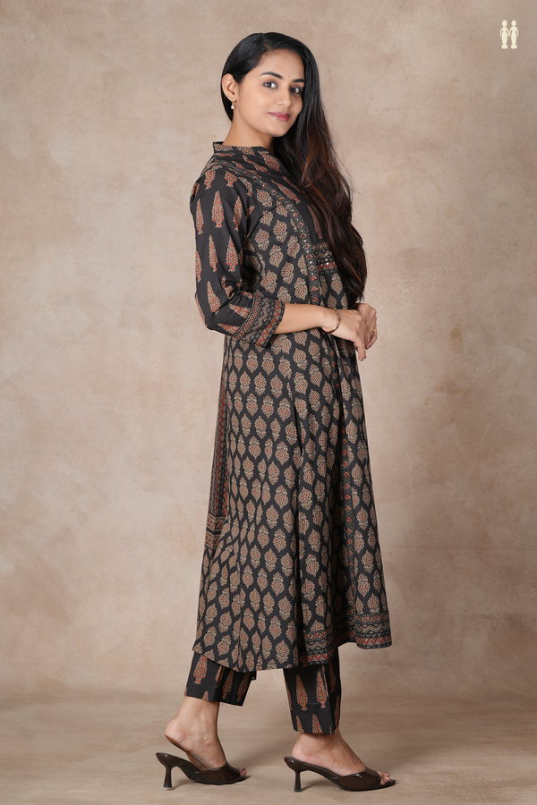 Mandarin Neck Printed Design Black Cotton Salwar Set