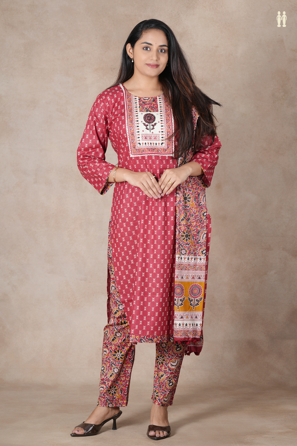 Round Neck Printed Design Red Cotton Salwar Set