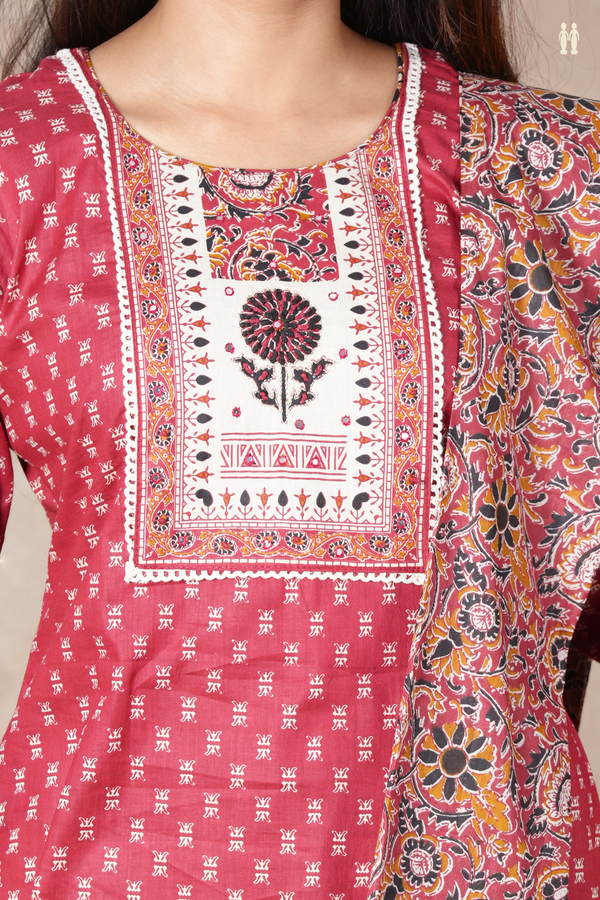 Round Neck Printed Design Red Cotton Salwar Set