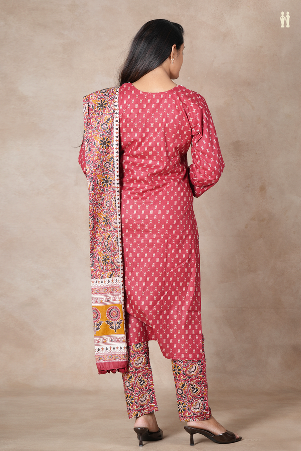 Round Neck Printed Design Red Cotton Salwar Set