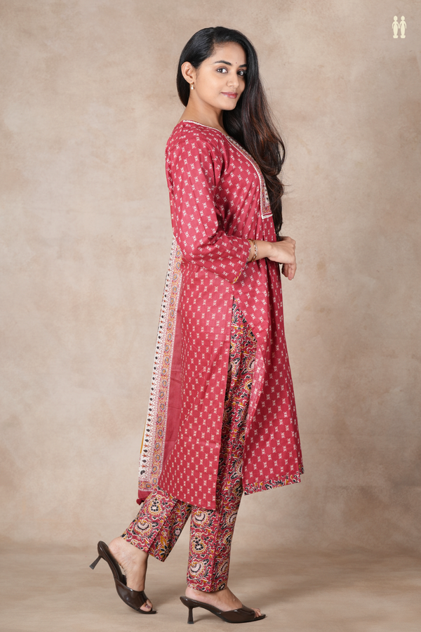 Round Neck Printed Design Red Cotton Salwar Set