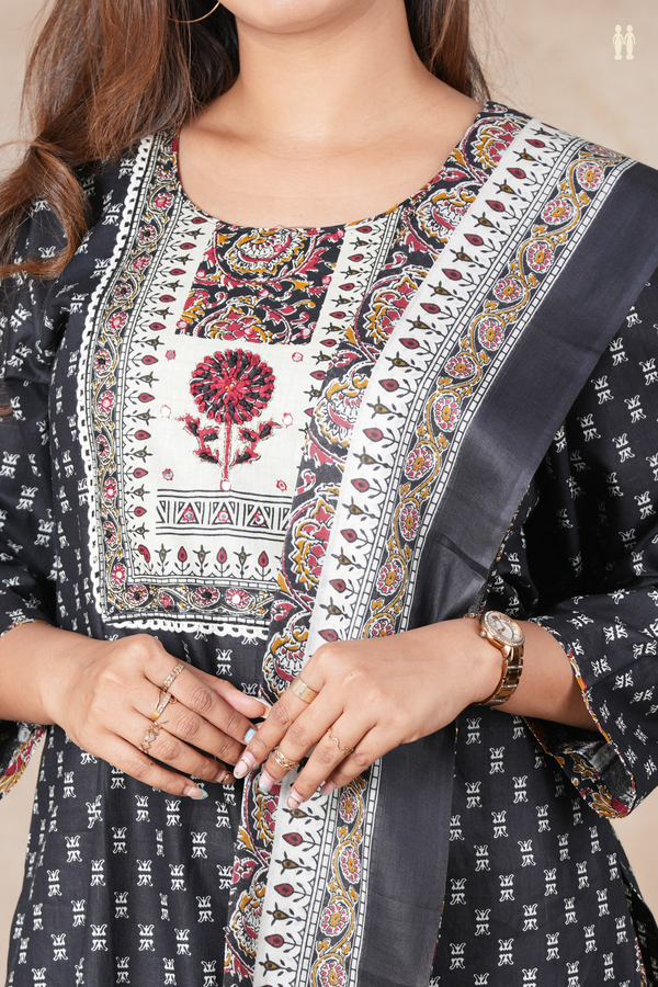 Round Neck Printed Design Black Cotton Salwar Set