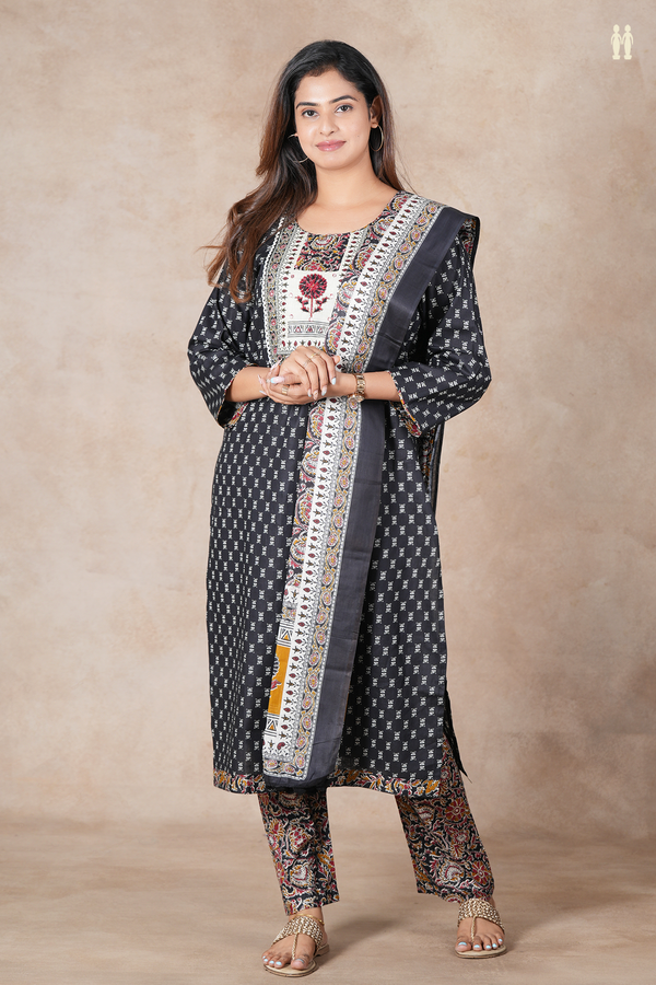 Round Neck Printed Design Black Cotton Salwar Set