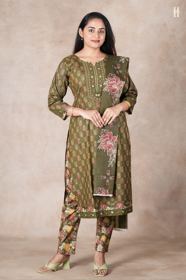 Split Neck Floral Buttas Mehendi Green Cotton Salwar Set