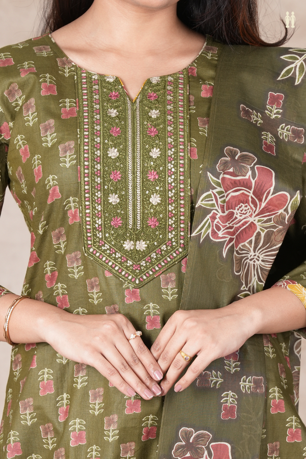 Split Neck Floral Buttas Mehendi Green Cotton Salwar Set