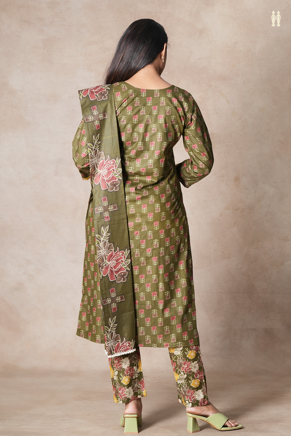 Split Neck Floral Buttas Mehendi Green Cotton Salwar Set