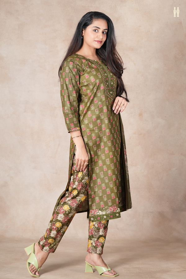Split Neck Floral Buttas Mehendi Green Cotton Salwar Set