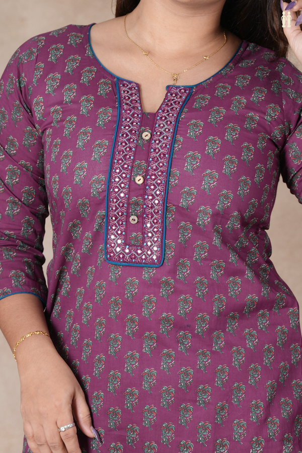 Split Neck Floral Design Purple Cotton Salwar Set