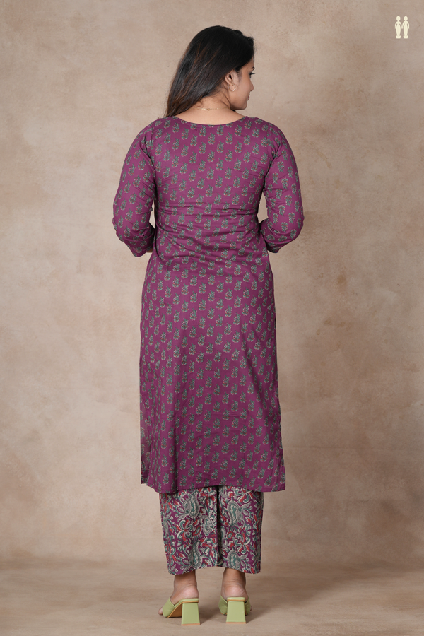 Split Neck Floral Design Purple Cotton Salwar Set