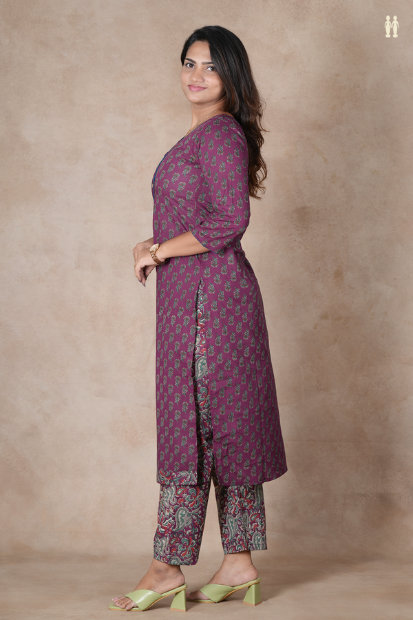 Split Neck Floral Design Purple Cotton Salwar Set