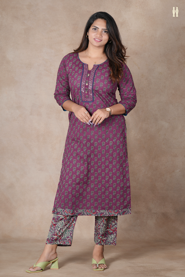 Split Neck Floral Design Purple Cotton Salwar Set