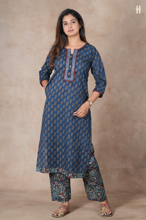 Split Neck Floral Design Prussian Blue Cotton Salwar Set
