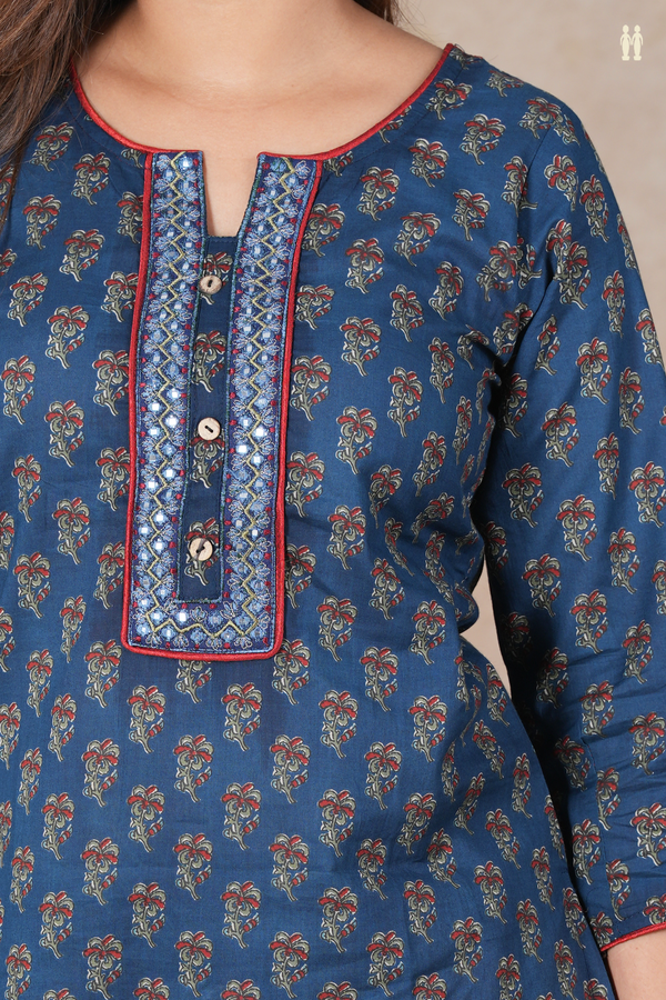 Split Neck Floral Design Prussian Blue Cotton Salwar Set