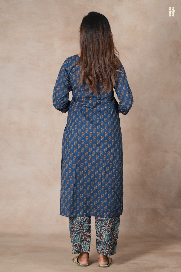 Split Neck Floral Design Prussian Blue Cotton Salwar Set