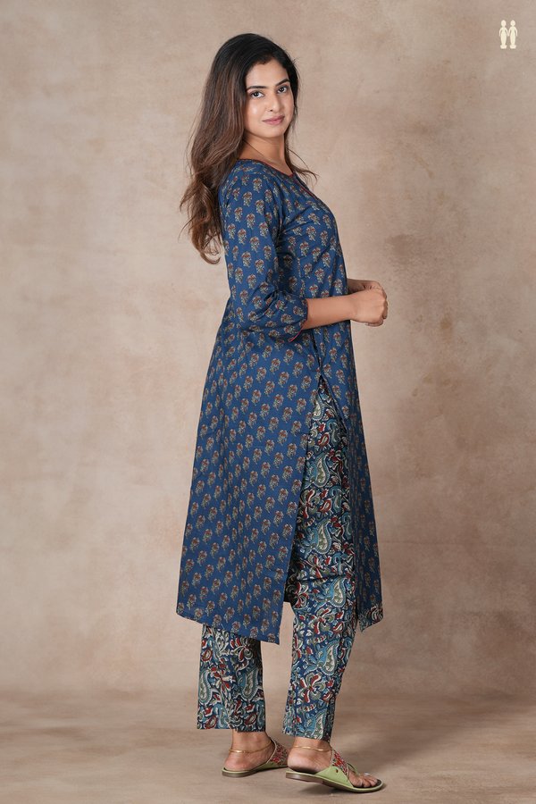 Split Neck Floral Design Prussian Blue Cotton Salwar Set