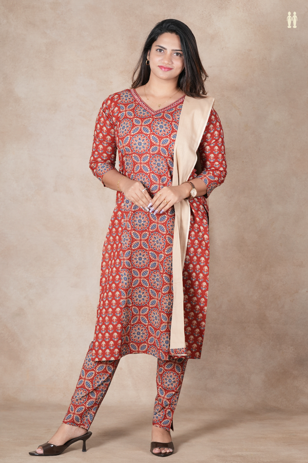 V-Neck Printed Design Rust Red Cotton Salwar Set