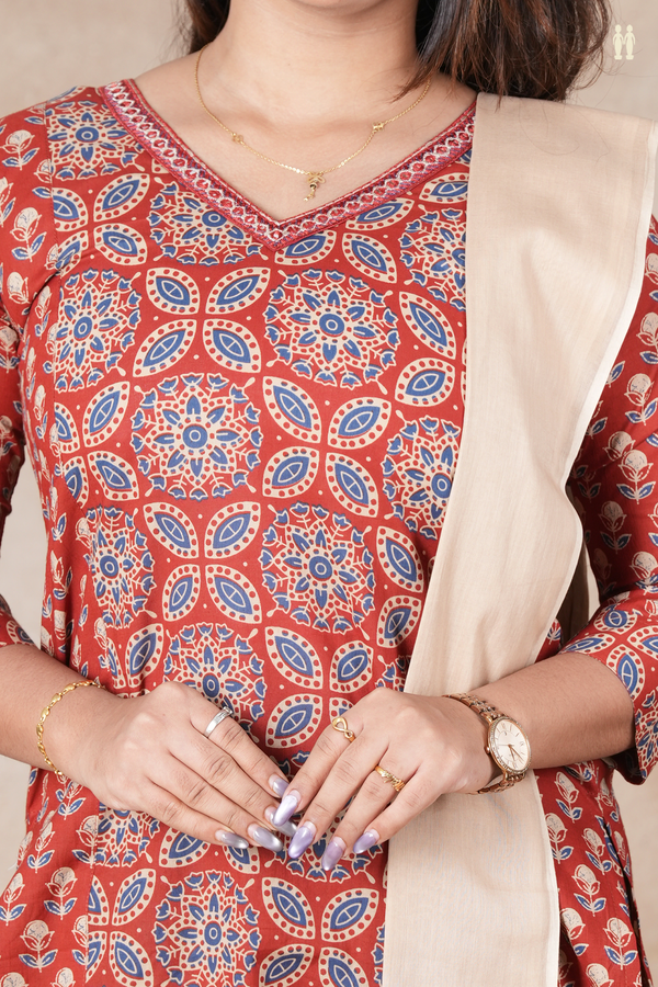 V-Neck Printed Design Rust Red Cotton Salwar Set