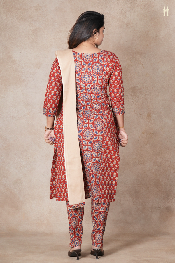 V-Neck Printed Design Rust Red Cotton Salwar Set