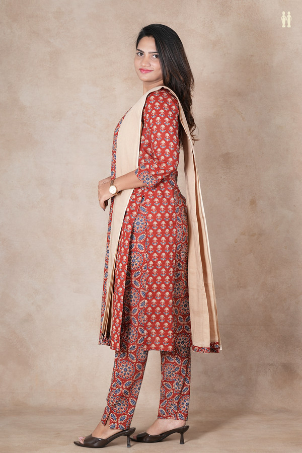 V-Neck Printed Design Rust Red Cotton Salwar Set