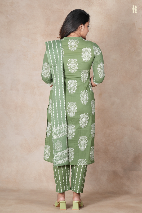 Mandarin Neck Printed Design Green Cotton Salwar Set
