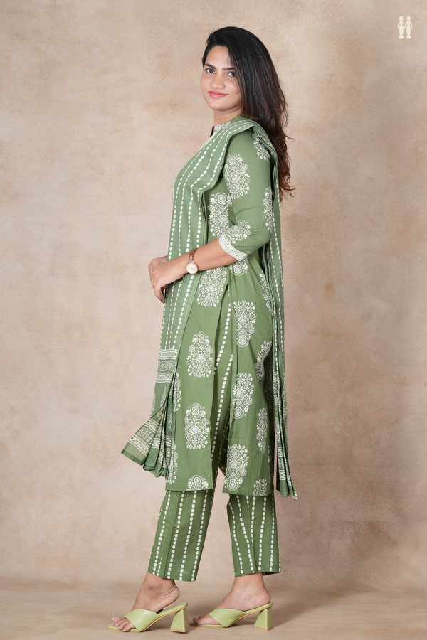Mandarin Neck Printed Design Green Cotton Salwar Set