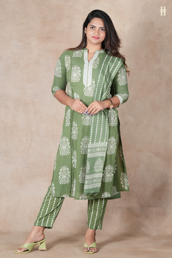 Mandarin Neck Printed Design Green Cotton Salwar Set