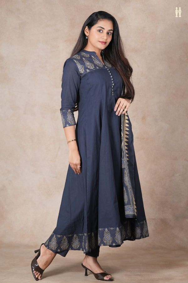 Split Neck Plain Charcoal Grey Cotton Salwar Set