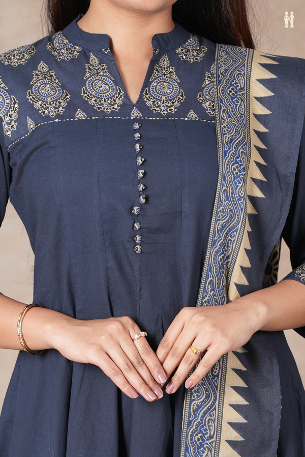 Split Neck Plain Charcoal Grey Cotton Salwar Set