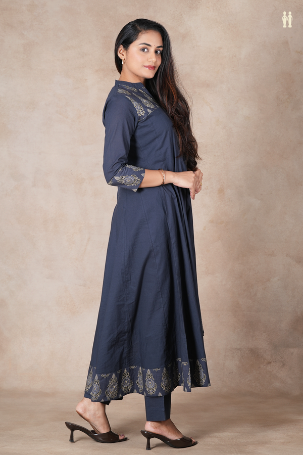 Split Neck Plain Charcoal Grey Cotton Salwar Set