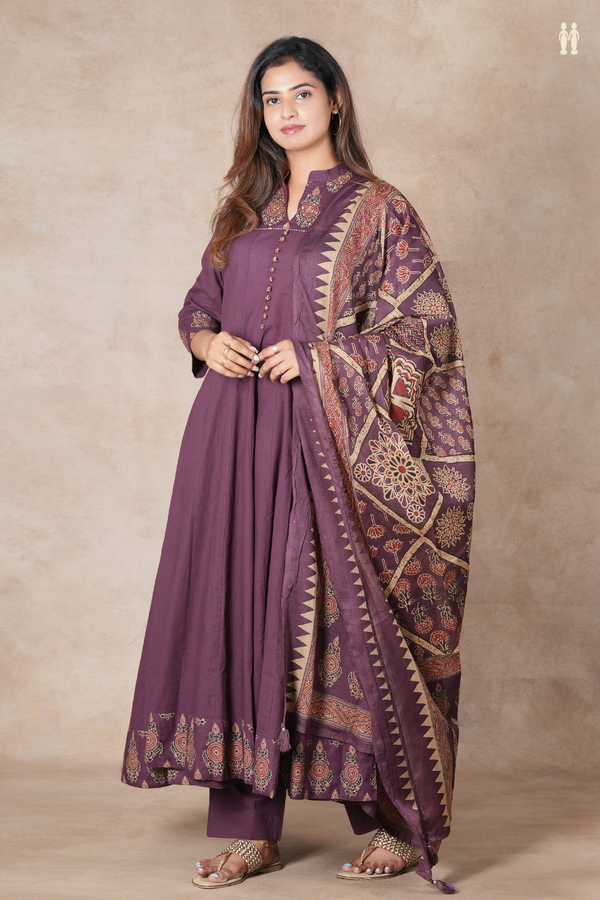 Mandarin Neck Plain Plum Brown Cotton Salwar Set