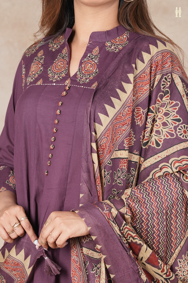 Mandarin Neck Plain Plum Brown Cotton Salwar Set
