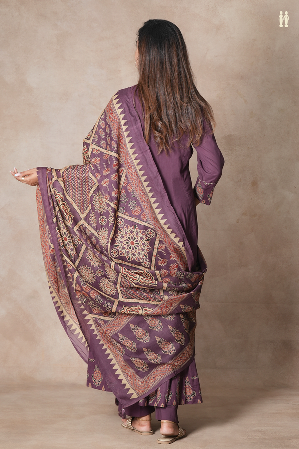Mandarin Neck Plain Plum Brown Cotton Salwar Set