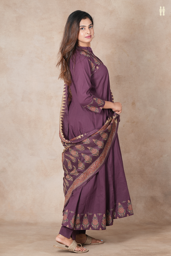 Mandarin Neck Plain Plum Brown Cotton Salwar Set