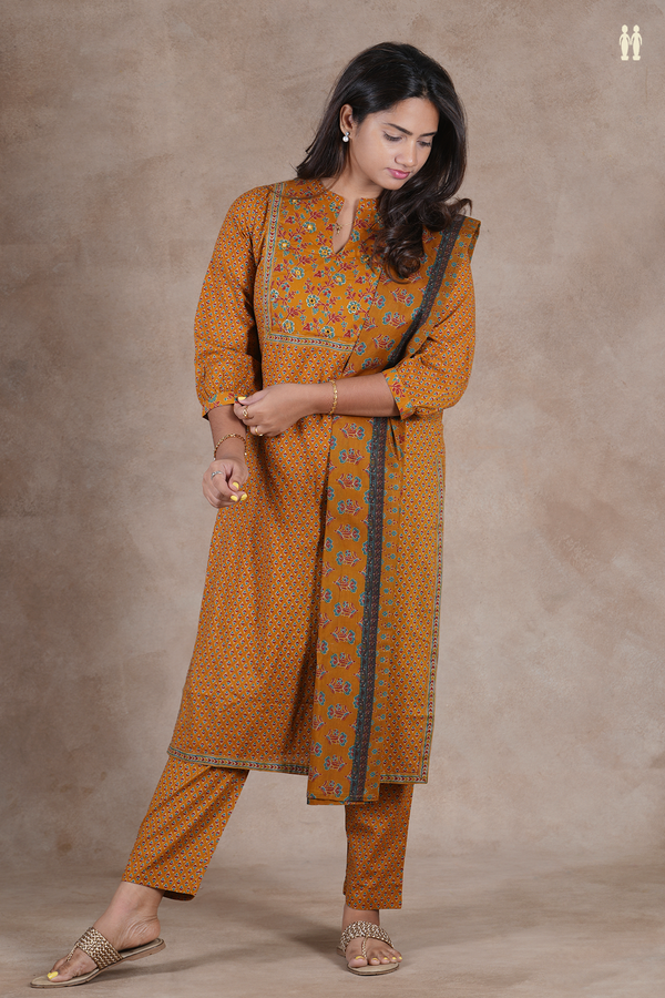 Mandarin Neck Printed Design Golden Brown Cotton Salwar Set