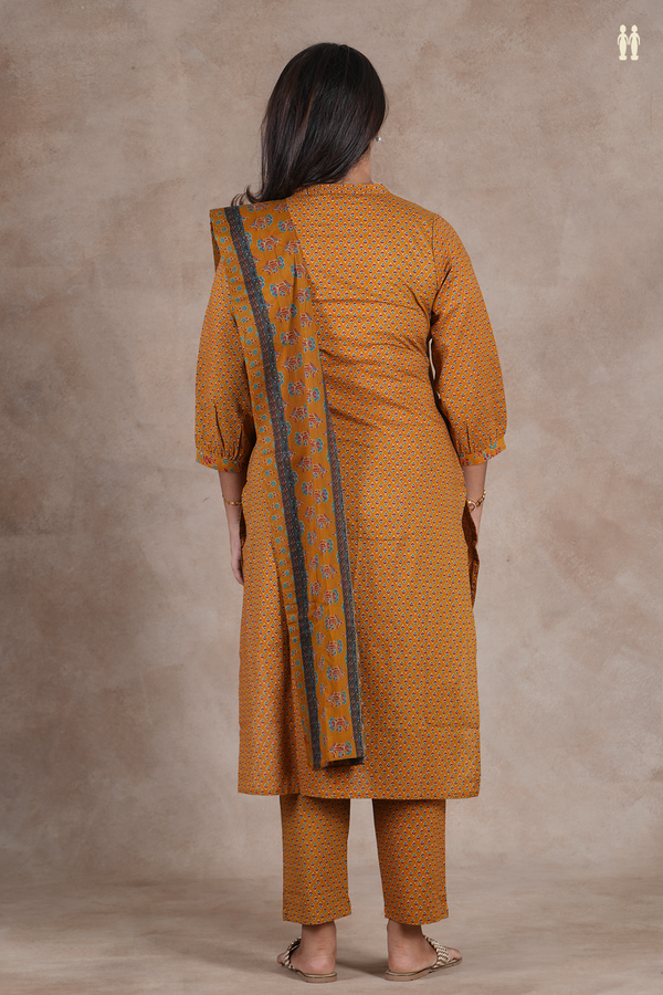 Mandarin Neck Printed Design Golden Brown Cotton Salwar Set