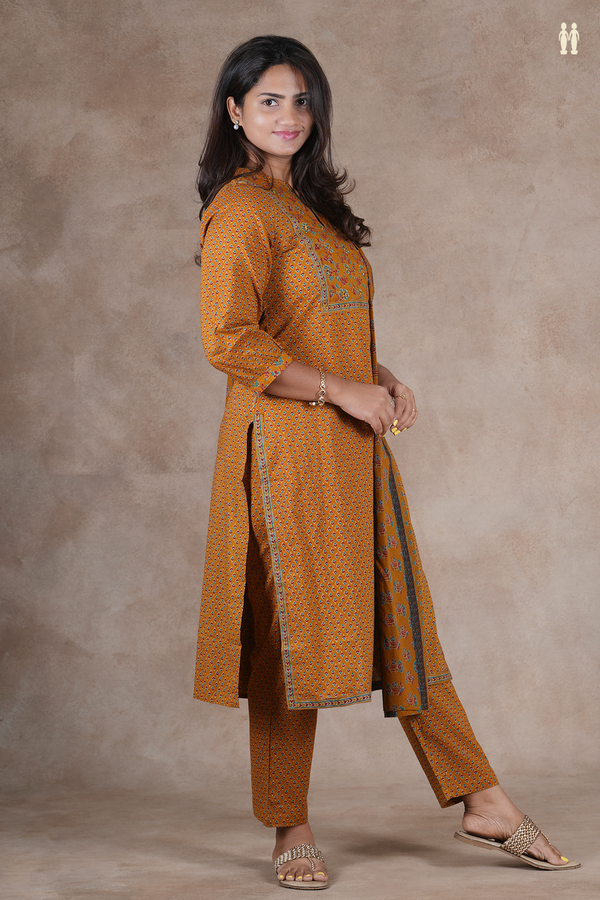 Mandarin Neck Printed Design Golden Brown Cotton Salwar Set
