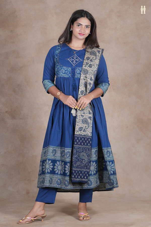 Round Neck Printed Design Prussian Blue Cotton Salwar Set