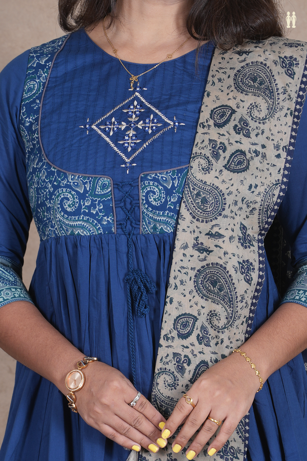 Round Neck Printed Design Prussian Blue Cotton Salwar Set