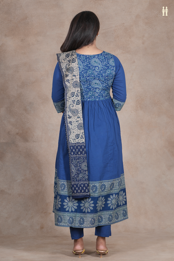 Round Neck Printed Design Prussian Blue Cotton Salwar Set