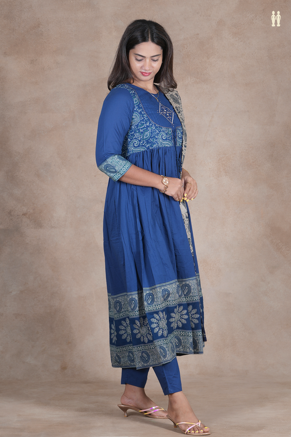 Round Neck Printed Design Prussian Blue Cotton Salwar Set