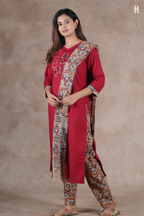 V-Neck Threadwork Design Crimson Red Cotton Salwar Set